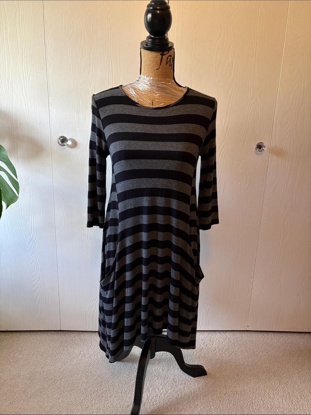 Rebel Sugar Black and Gray Striped Midi Swing Dress